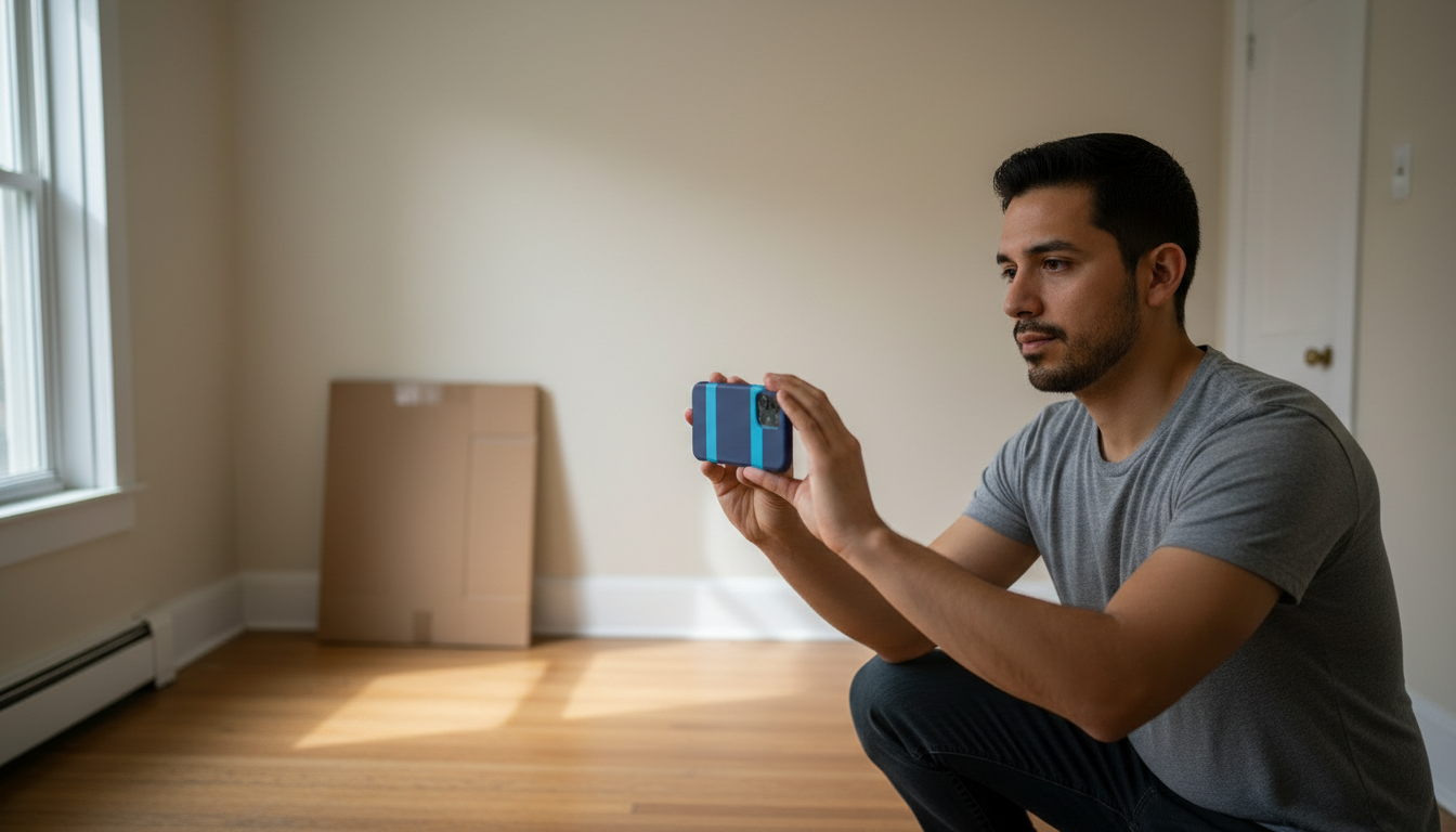 Renter photographing an empty apartment room on his phone to document its condition before move-in