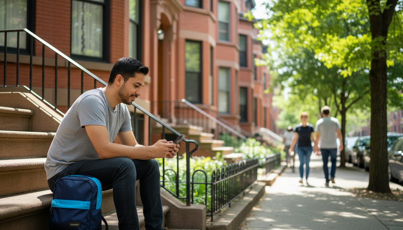 Renter checking apartment listings on his phone outside a Boston brownstone after a landlord backed out before signing