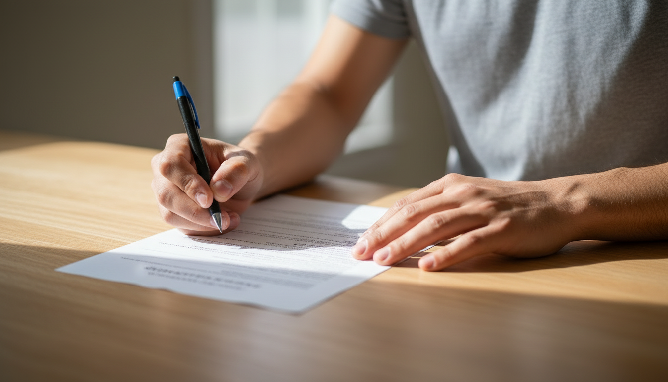 Close-up of hands filling out a Massachusetts Statement of Condition form for a security deposit