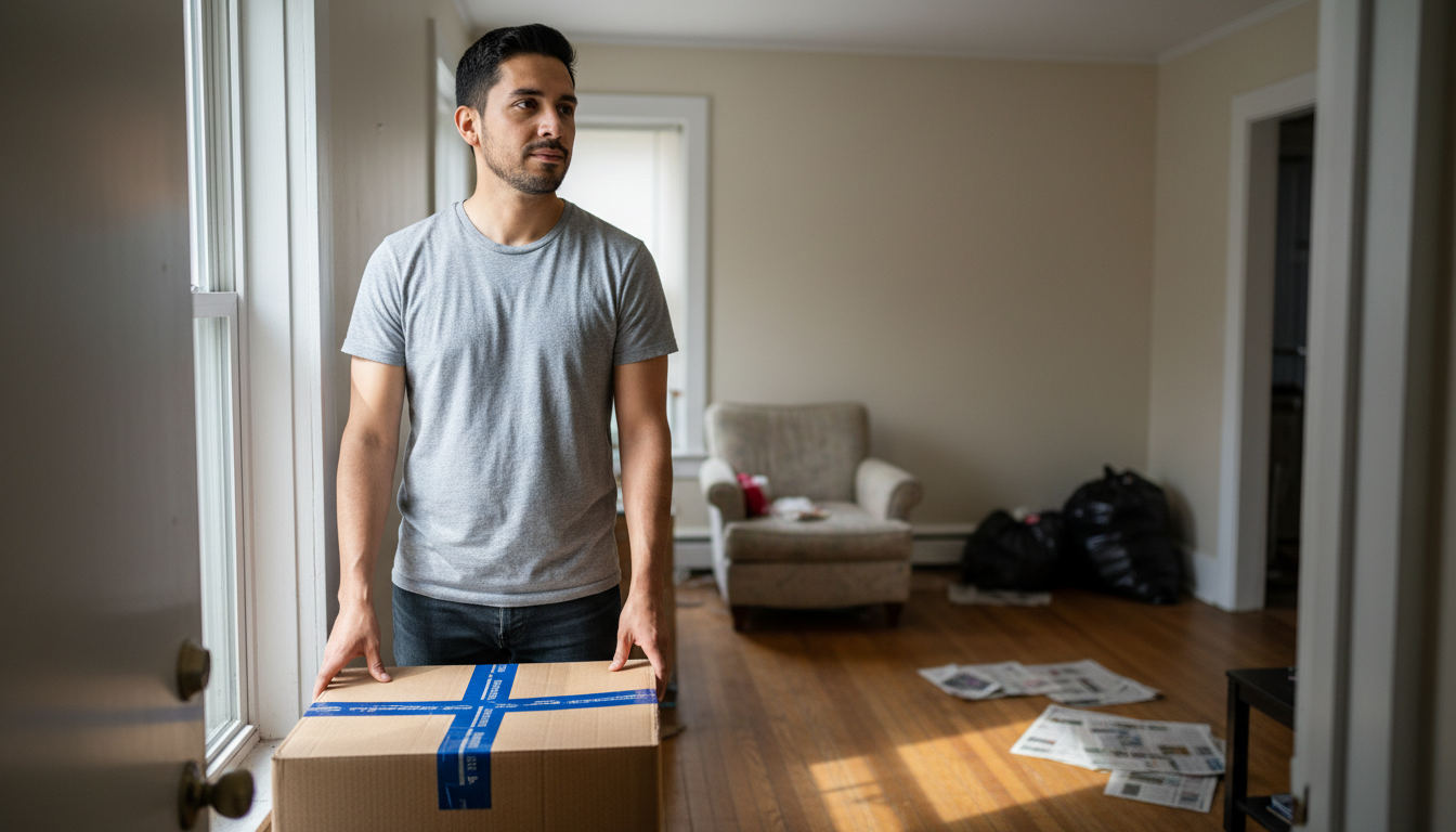 Renter surveying a Boston apartment still full of the previous tenant's furniture and trash on move-in day