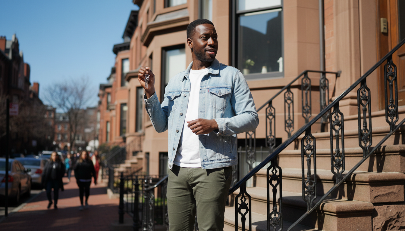 A Black man in his late 20s standing on the stoop of a converted Back Bay brownstone in Boston