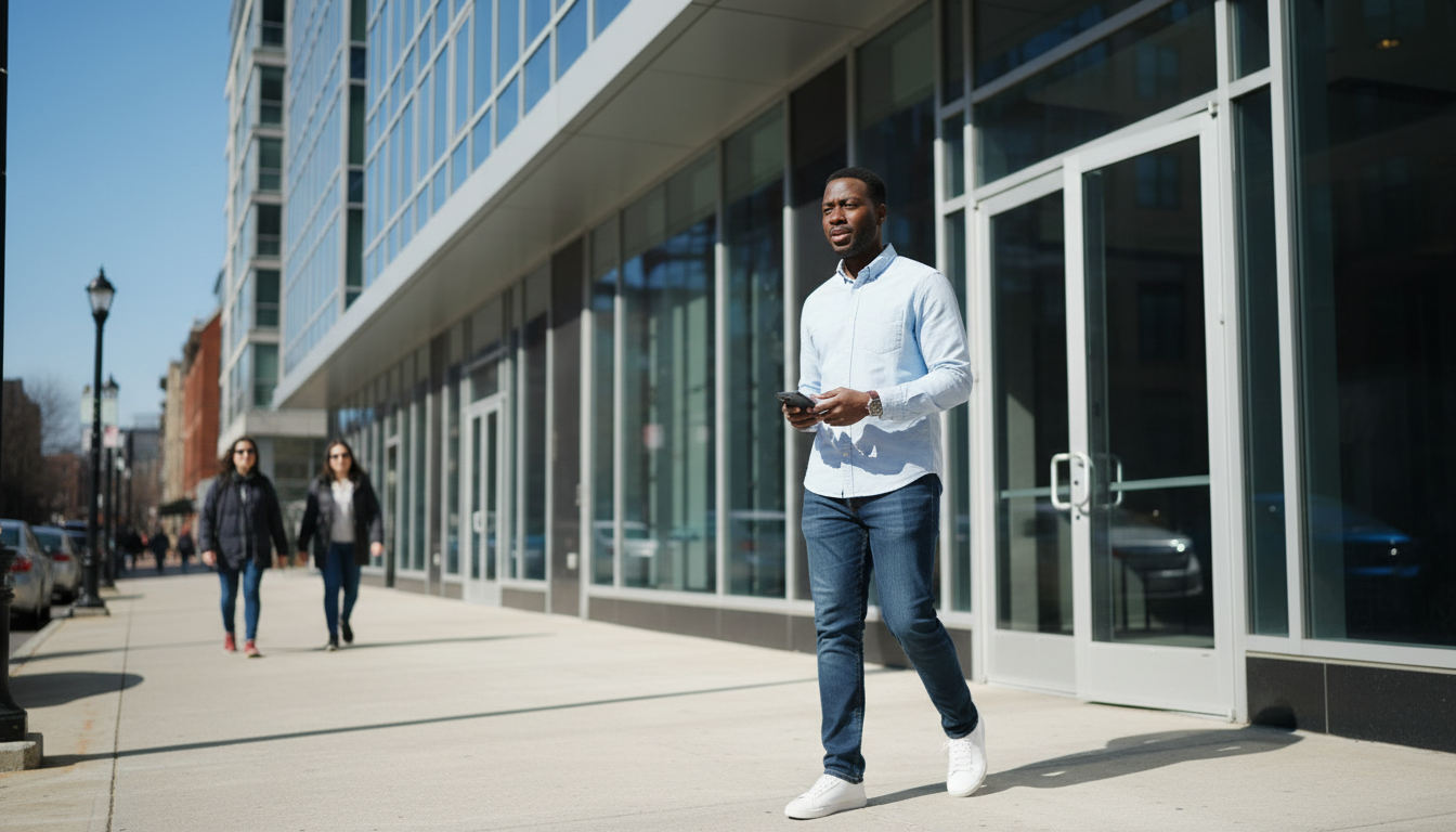 A renter walking toward the glass entrance of a modern high-rise apartment building in Back Bay
