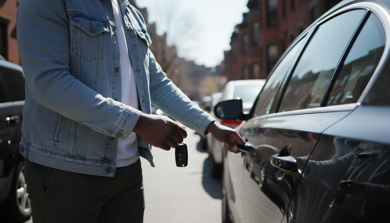 Close-up of hands closing a car door on a narrow Back Bay street with cars parked nose-to-tail