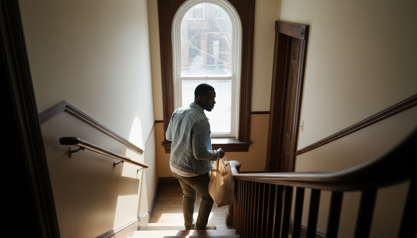 A renter carrying groceries up the stairs of a converted Back Bay brownstone with no elevator