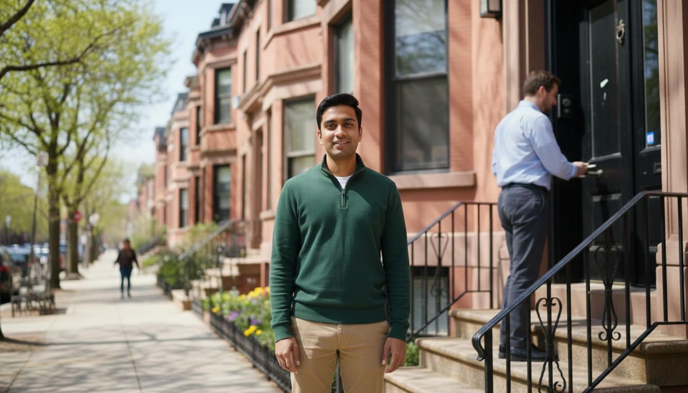 Renter on a Boston brownstone stoop arriving for an apartment showing as an agent unlocks the front door beside him
