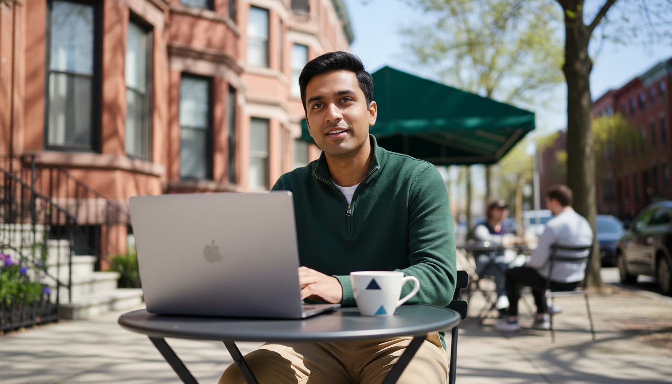 Renter at a sidewalk cafe table in a Boston neighborhood with a laptop and coffee, mid-search for an apartment
