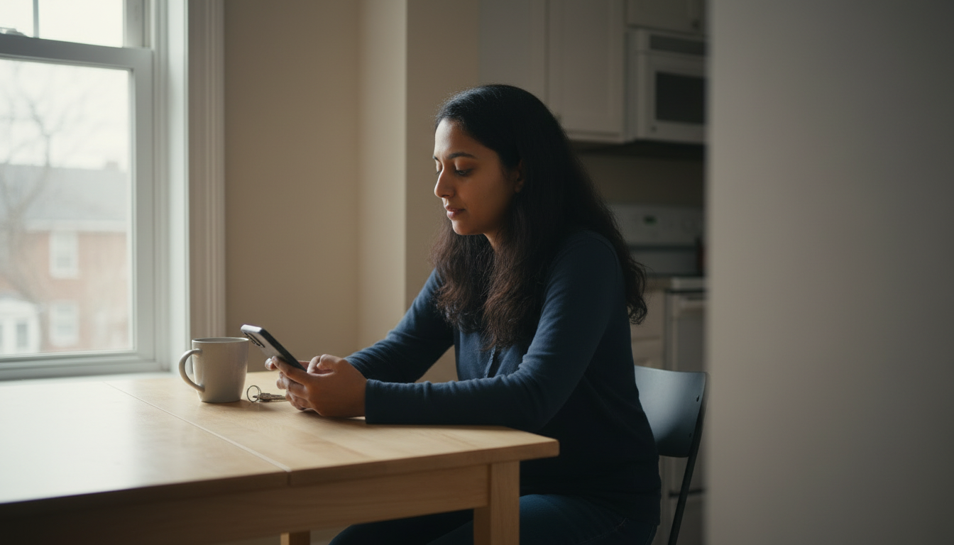 Renter at her kitchen table writing a message to her landlord about an unannounced visit