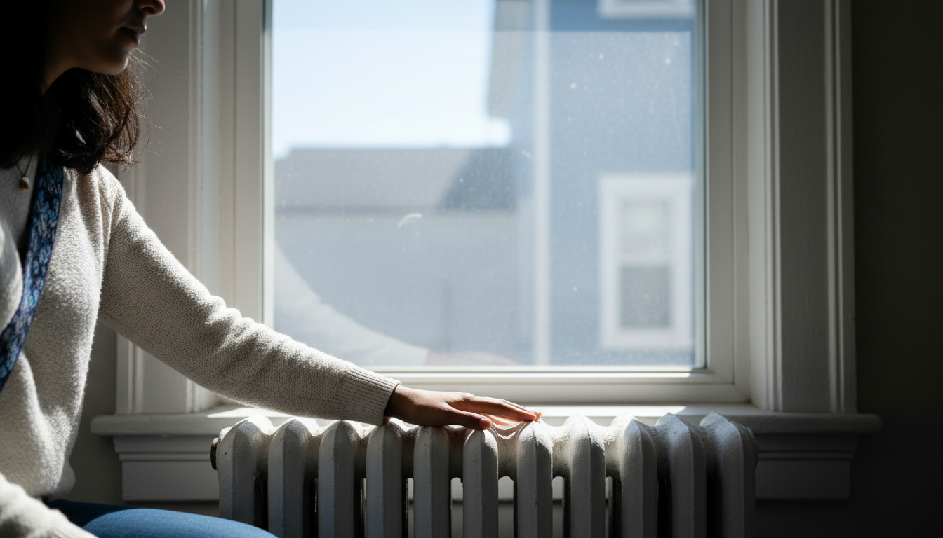 Renter resting a hand on an old cast-iron radiator beneath a single-pane window in a Dorchester apartment