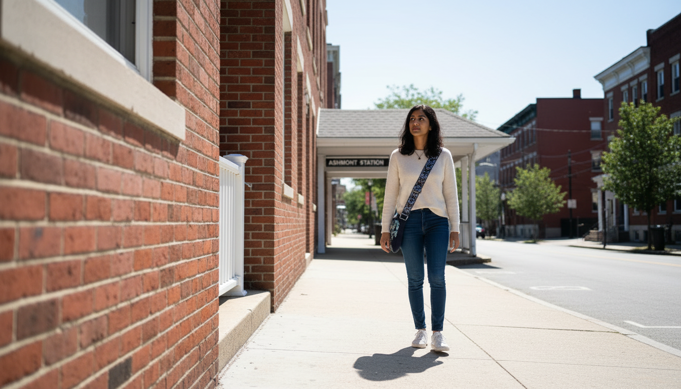 Renter walking toward the Ashmont Station entrance in Dorchester on a sunny day, Red Line and trolley hub