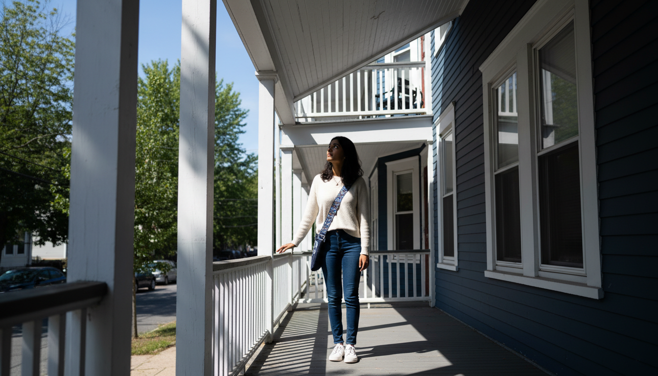 Renter on the porch of a sunlit Dorchester three-decker apartment building on a Boston hill street