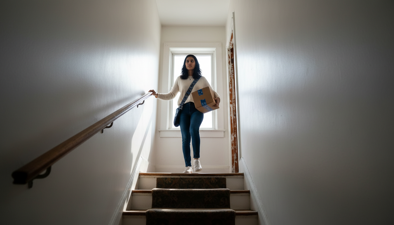Renter carrying a moving box on the narrow staircase of a Dorchester three-decker walk-up