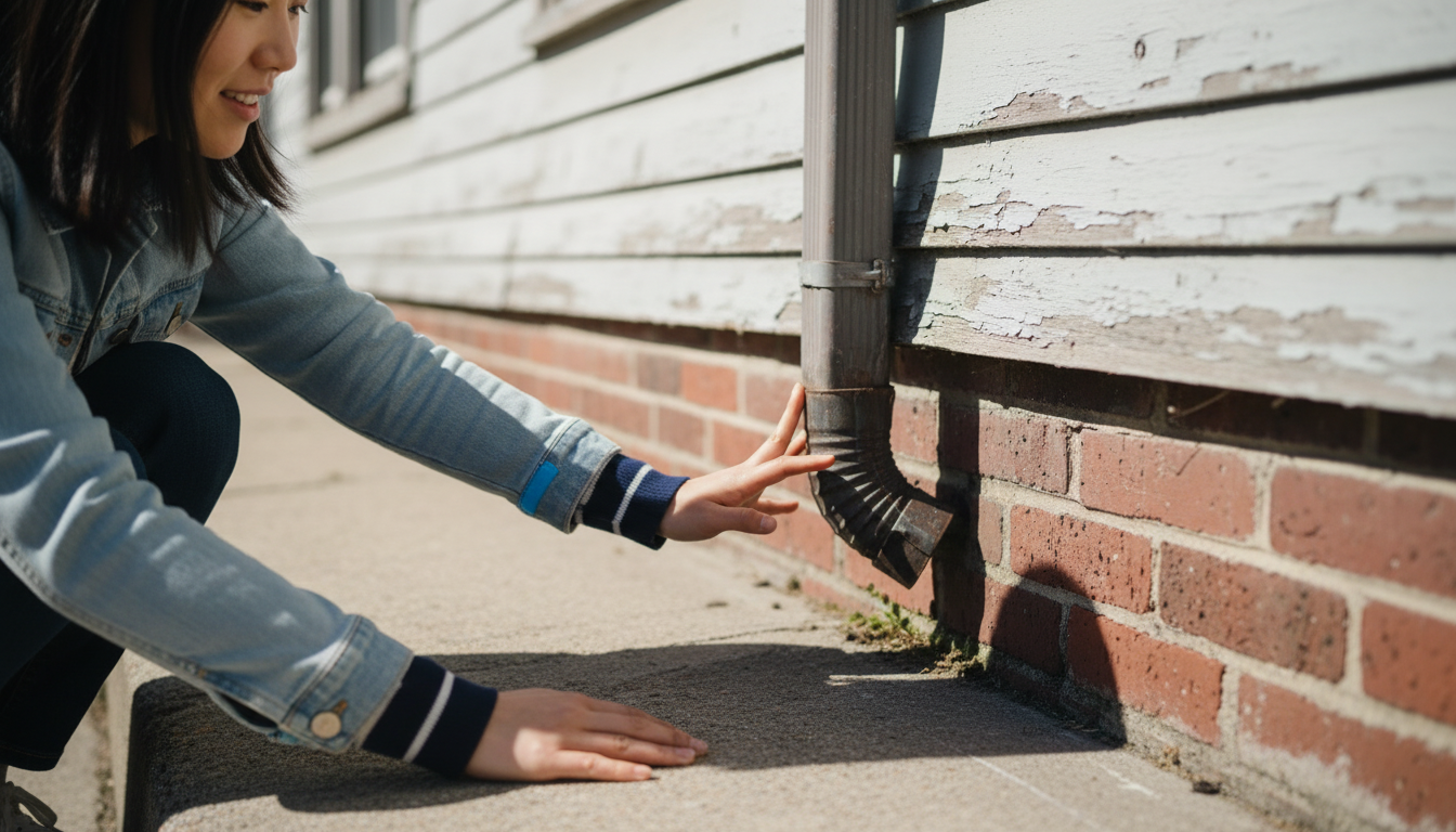 Close-up of a renter's hands checking a gutter and the ground slope at the base of an East Boston triple-decker to see if water drains away from the building.