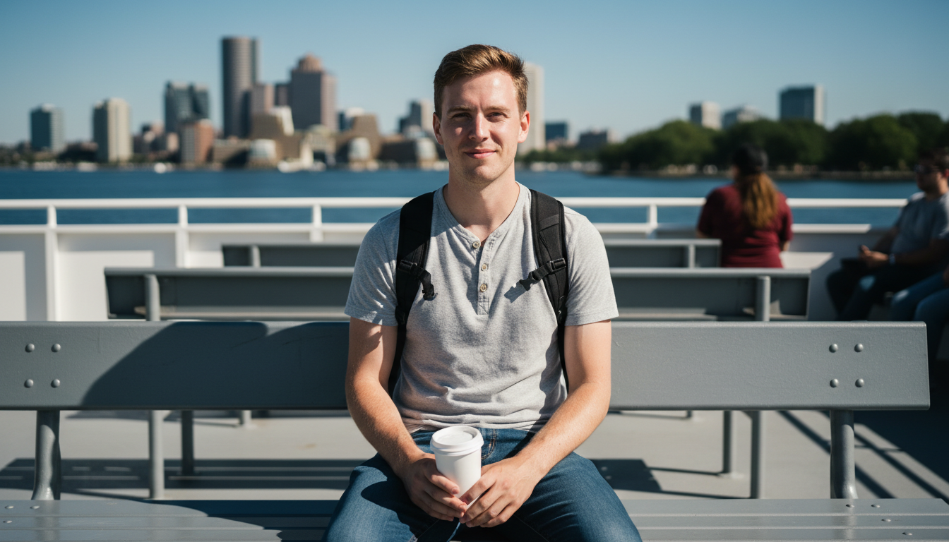 Renter relaxing on the upper deck of a harbor ferry with the downtown Boston skyline behind him, commuting the East Boston ferry route to Long Wharf