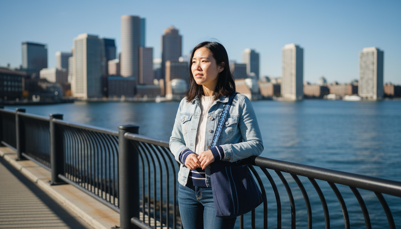 Renter looking out at Boston Harbor from the East Boston waterfront while researching flood risk before signing a lease.