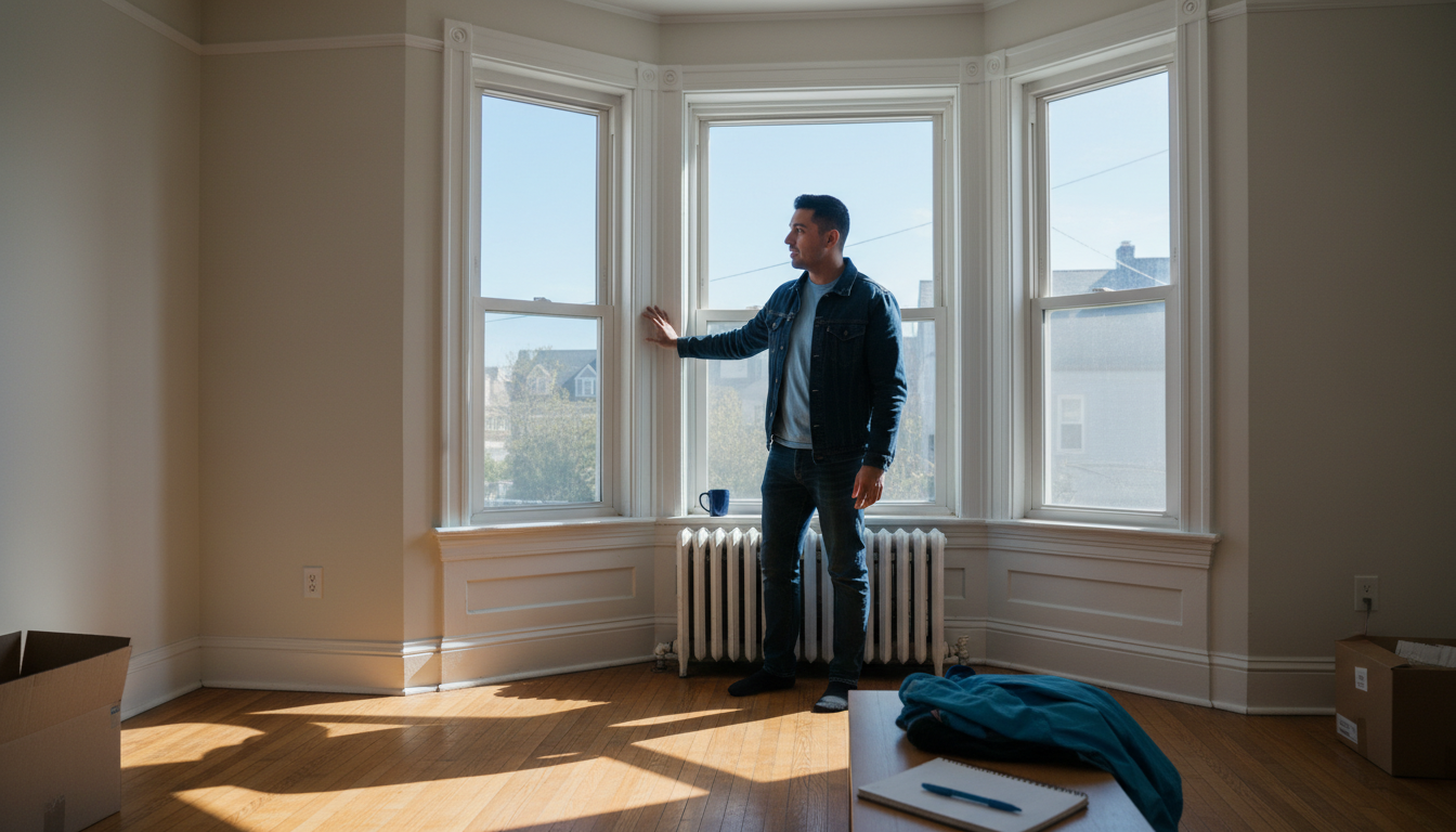 Renter in the sunlit bay-window living room of a wood-frame triple-decker apartment in East Boston