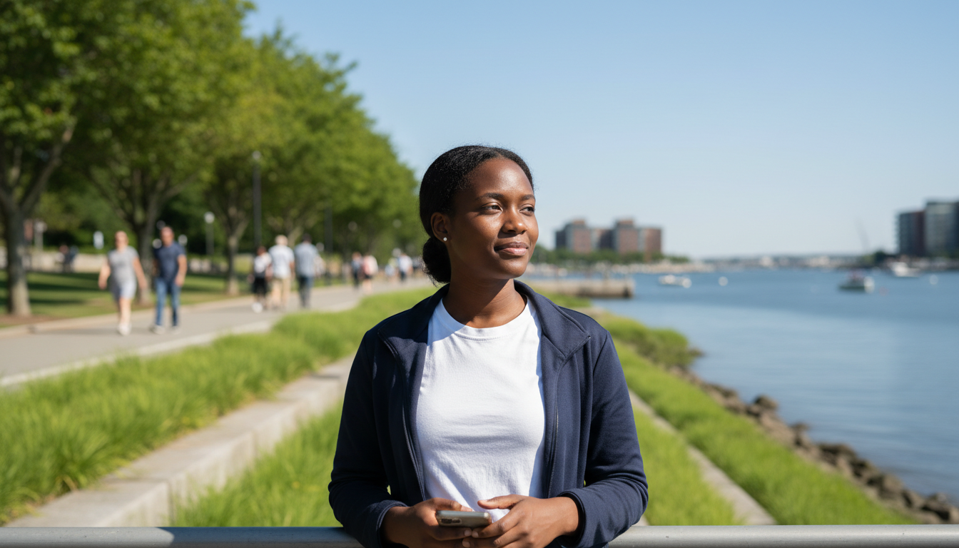 Renter standing at a railing on a sunny East Boston harborside walkway beside green salt-marsh grasses and the harbor