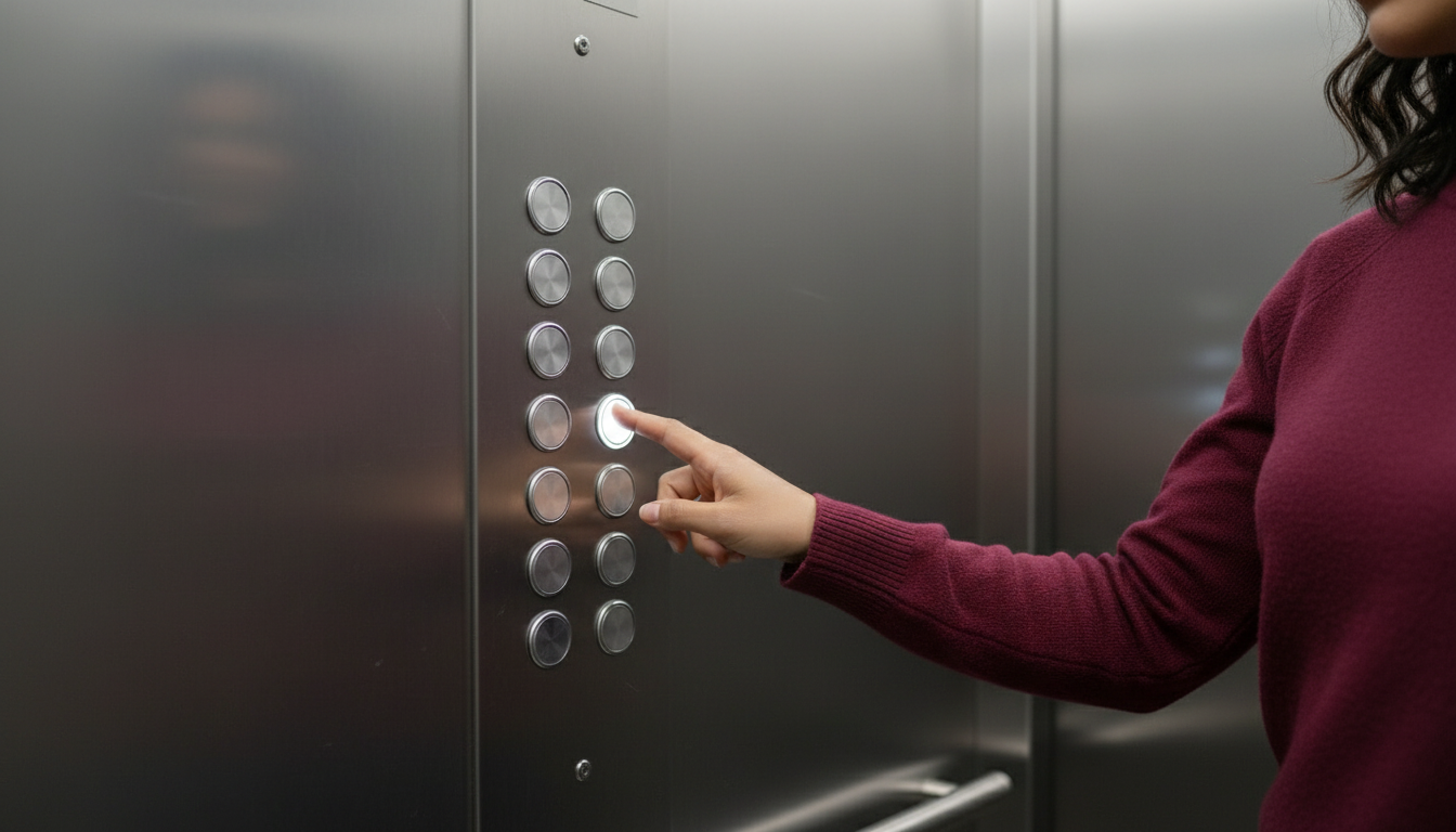 Renter's hand pressing an unlabeled round button on a brushed-steel elevator panel inside a Boston apartment high-rise