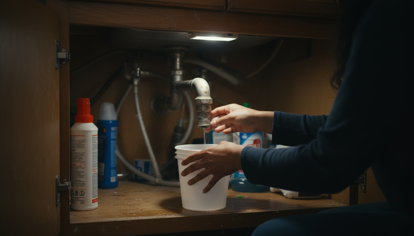 Close-up of a renter's hands placing a bucket under a leaking pipe during a plumbing emergency
