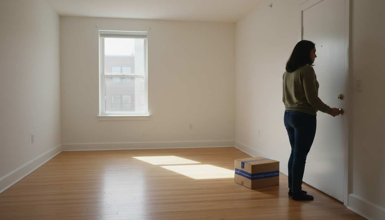Renter taking a last look at her empty Boston apartment on move-out day