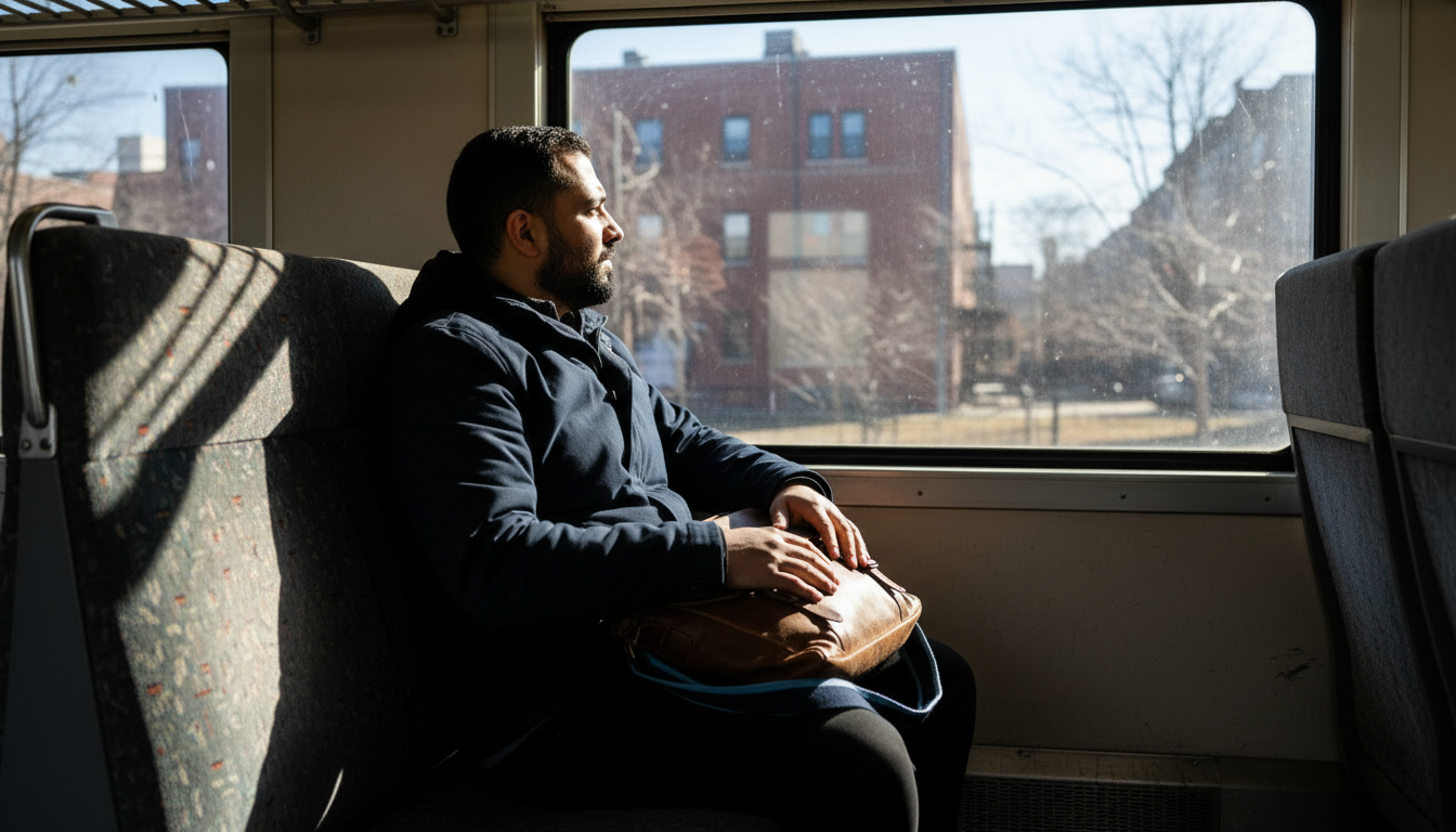 Renter seated by the window of a commuter rail carriage watching the city pass on the way downtown