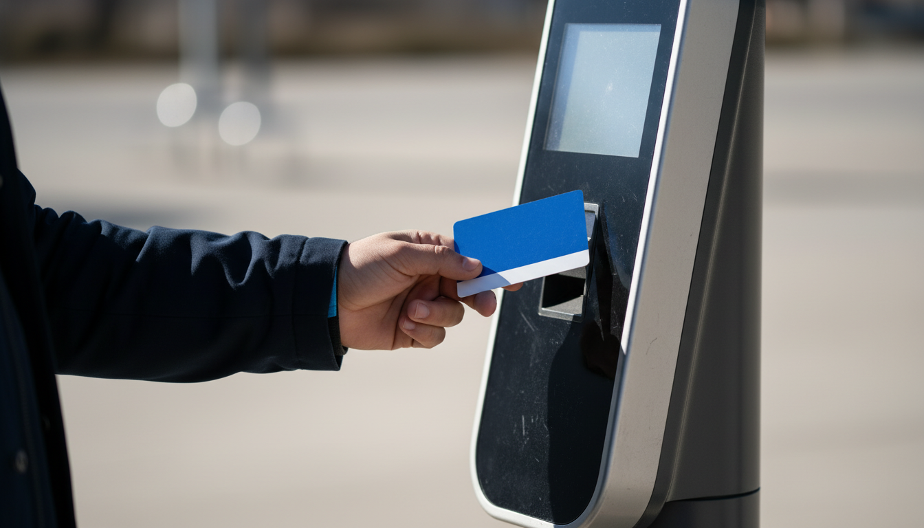 Close-up of a renter tapping a transit fare card against a platform fare validator