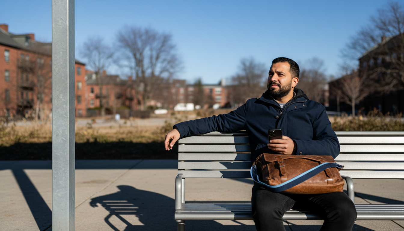 Renter sitting on a bench at an open-air transit stop in Boston, checking his phone while waiting