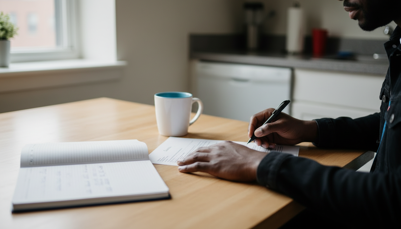 Close-up of a renter's hands reviewing a short Fenway lease packet and cost notes at a kitchen table, weighing rent against fees