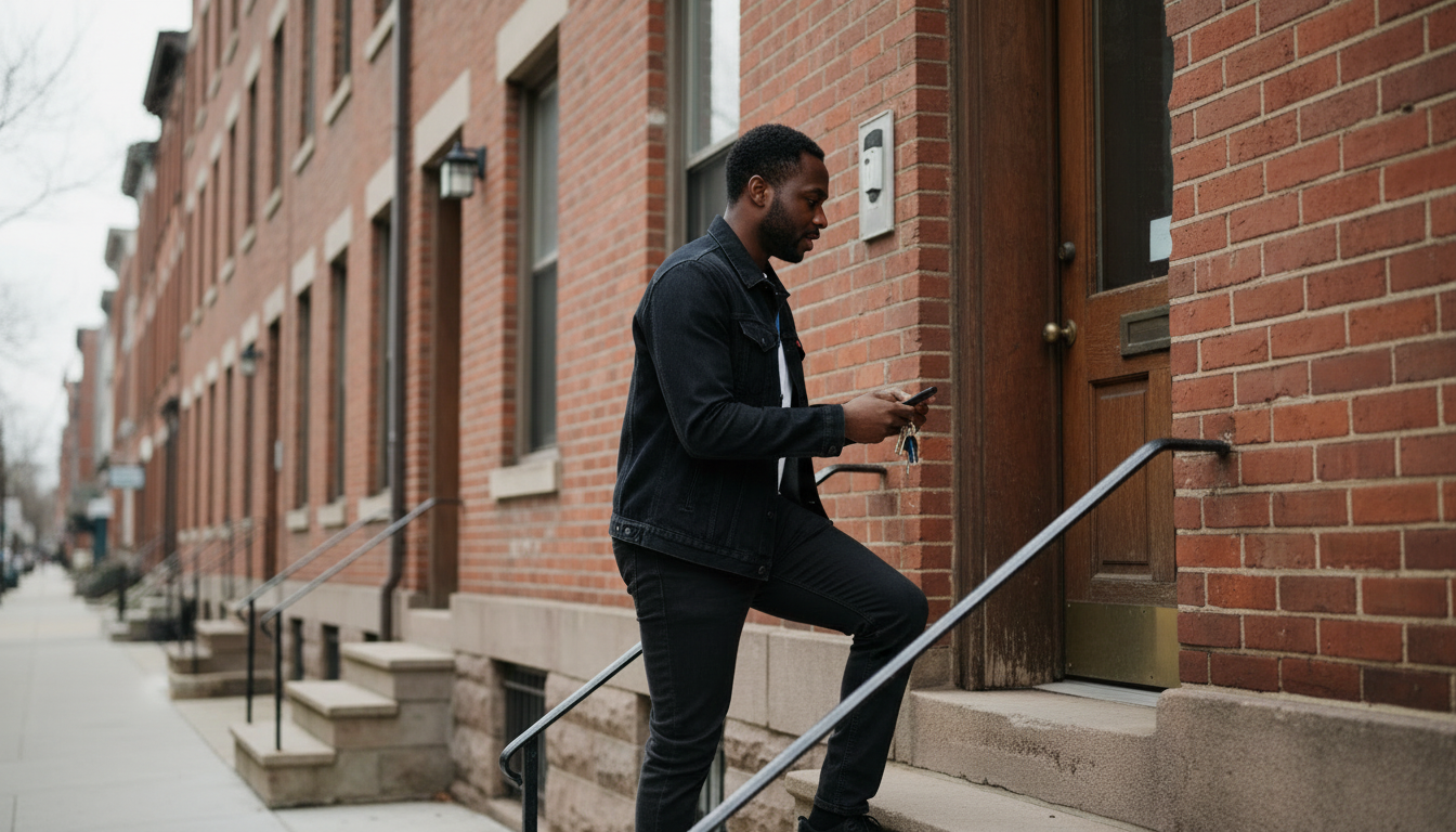 Renter arriving at an older brick walk-up building near Fenway's Emerald Necklace, keys in hand, contrasting with the new Boylston Street towers