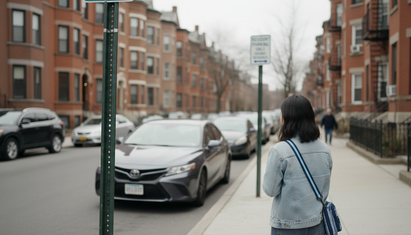 A resident-permit-only sign on a Fenway residential street lined with parked cars as a renter walks home on an event evening.