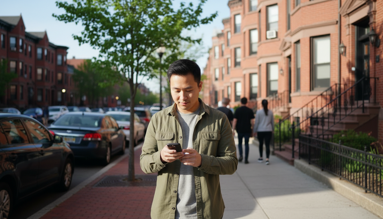 A renter waits at the curb for a rideshare on a busy Fenway sidewalk on an event evening, with pedestrians heading past under green summer trees