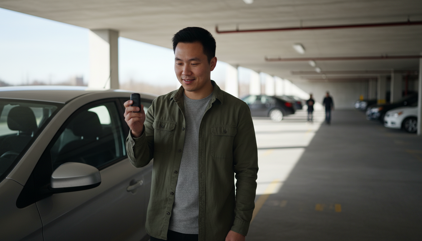 Renter holding a key fob beside his car on a sunlit residential parking garage level in a Boston apartment building