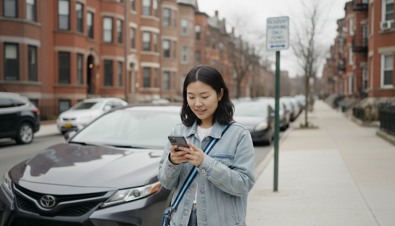 Renter beside her parked car on a Fenway street, checking her Boston resident parking permit application on her phone.