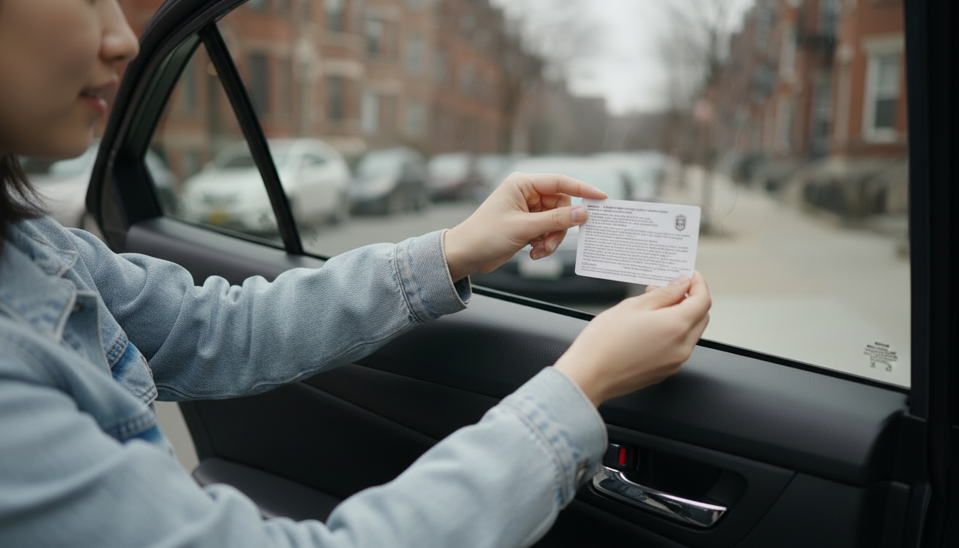A renter affixes a rectangular Boston resident parking permit card to the inside of her car window, seen from inside the open rear passenger door.