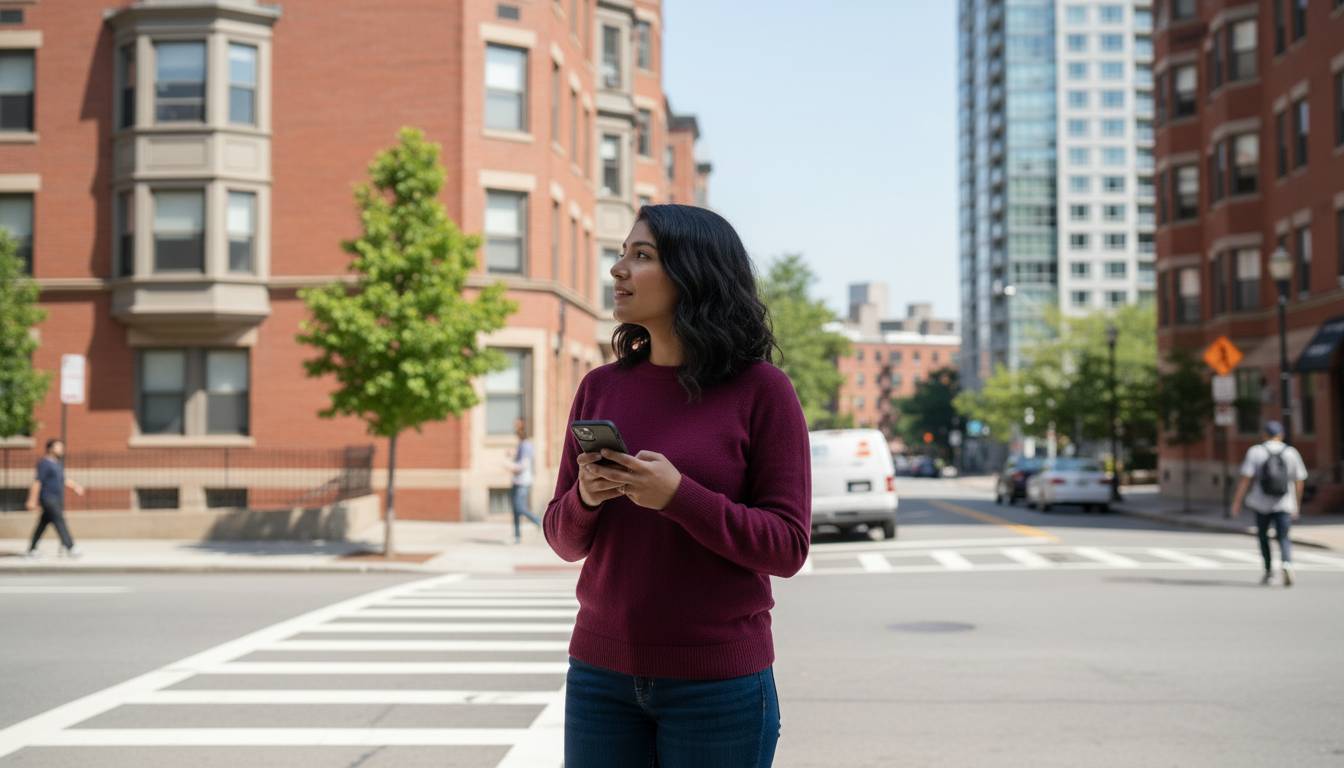 Renter checking her phone at a Fenway crosswalk with a brick apartment building and a glass tower behind her, trees in full green leaf