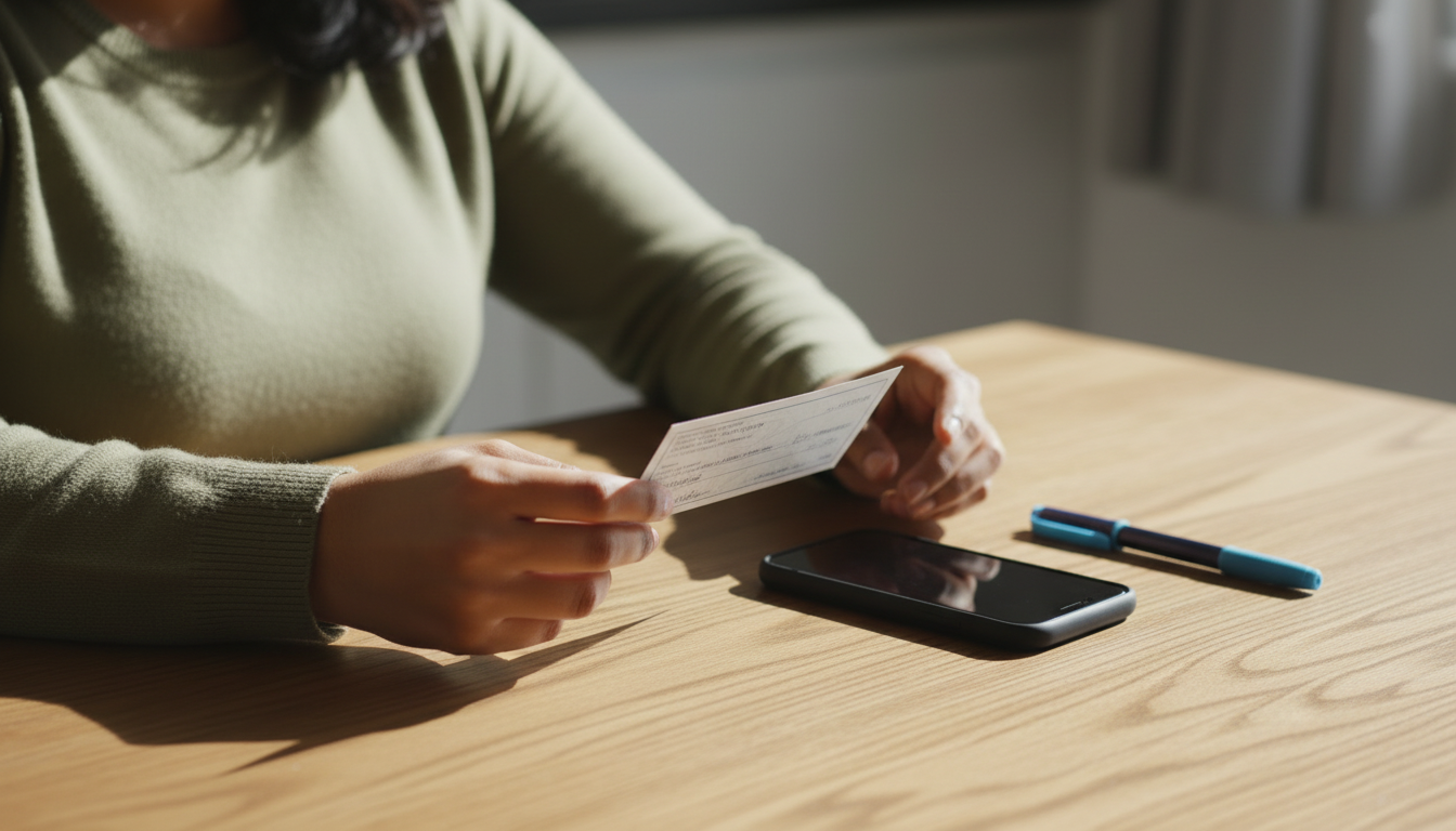Close-up of a renter holding a returned Massachusetts security deposit check at her kitchen table