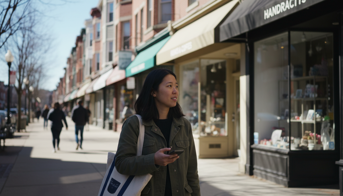 Renter walking a Hyde Square retail sidewalk lined with triple-decker buildings in Jamaica Plain