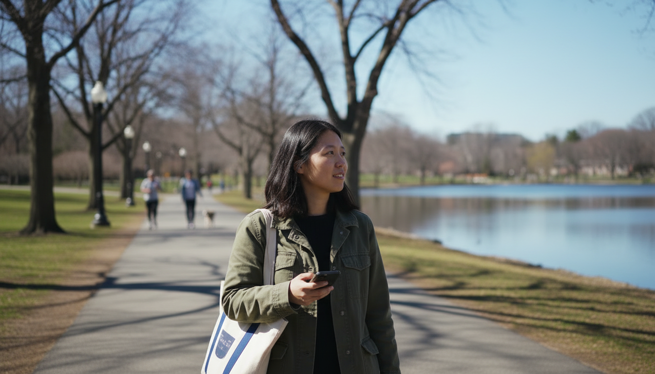 Renter walking a path beside Jamaica Pond with the water and tree-lined shore in view