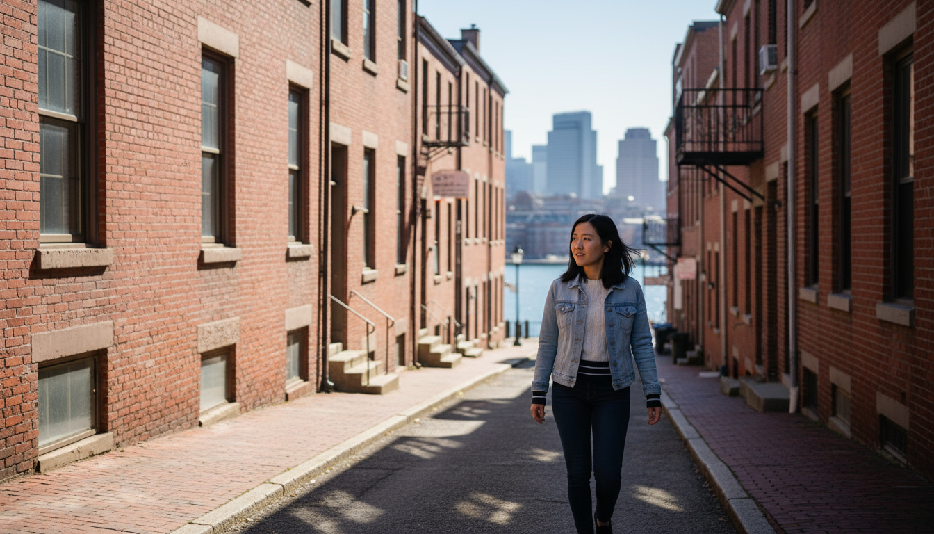 Renter walking a brick sidewalk past triple-decker buildings in East Boston's Jeffries Point, with Boston Harbor visible at the end of the street.