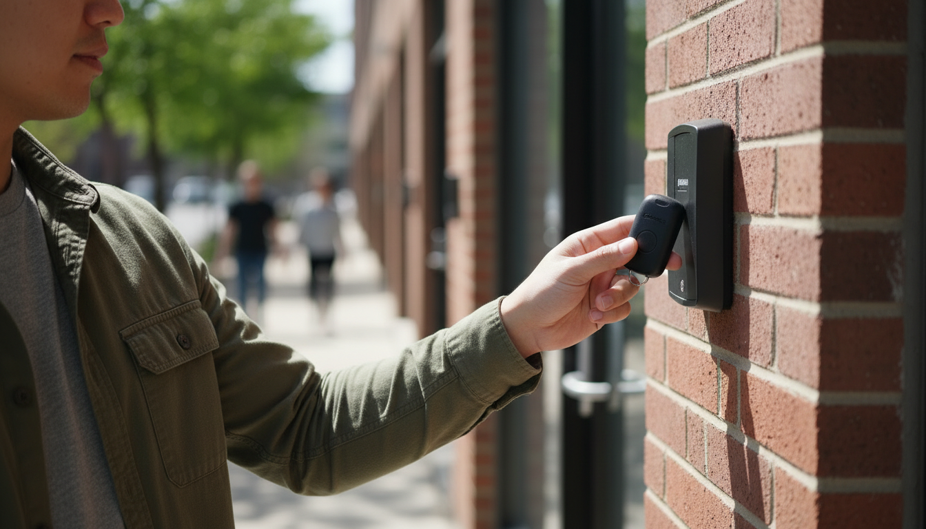 Close-up of a renter's hand holding a key fob to a card reader at an apartment building side entrance on a sunny day