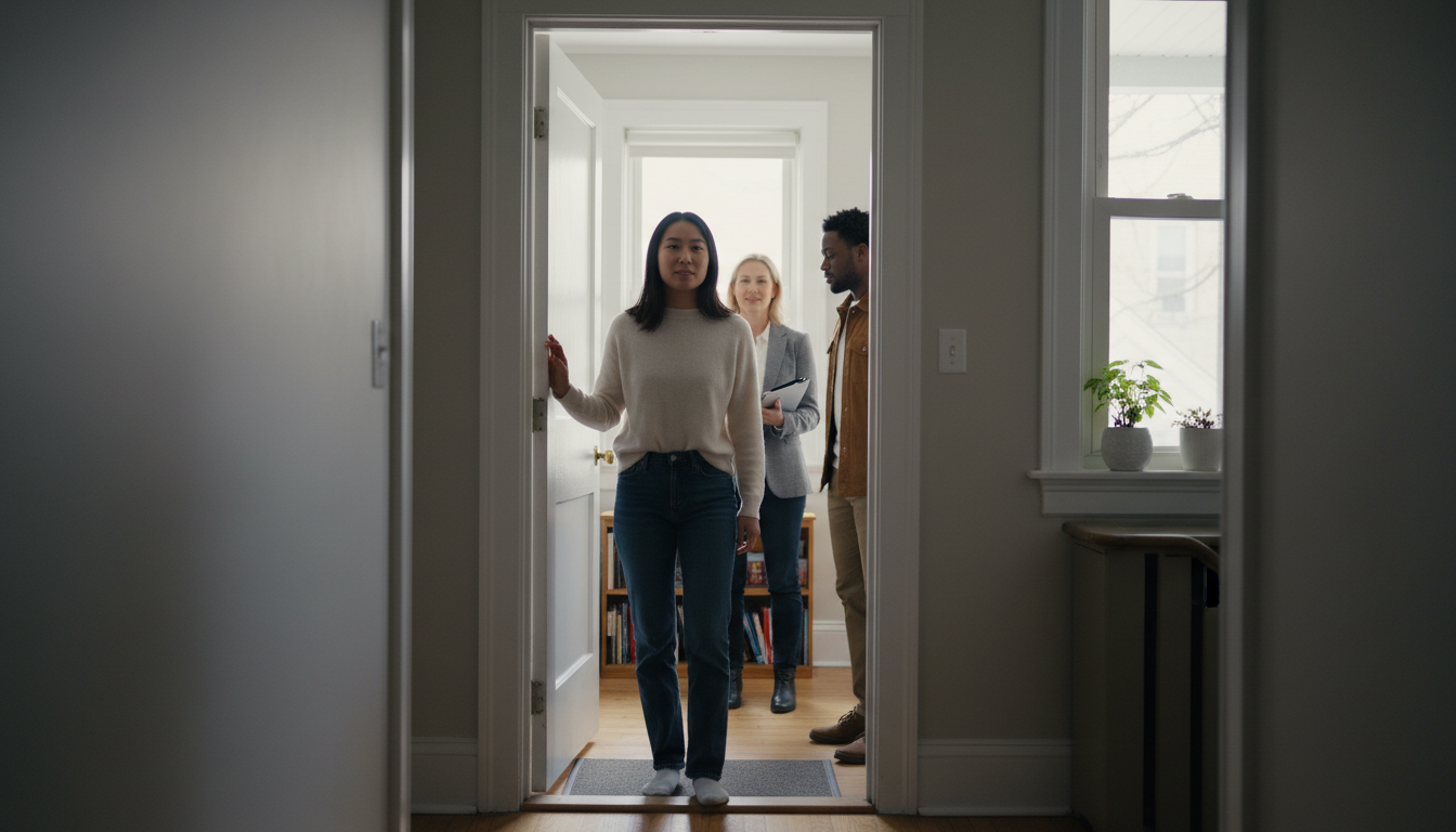 Boston renter opens her apartment door to a real estate agent and buyer for a scheduled showing