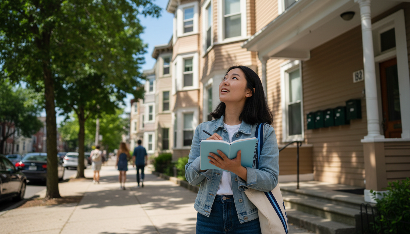 A young woman renter approaching a converted triple-decker apartment building on a leafy Allston, Boston street