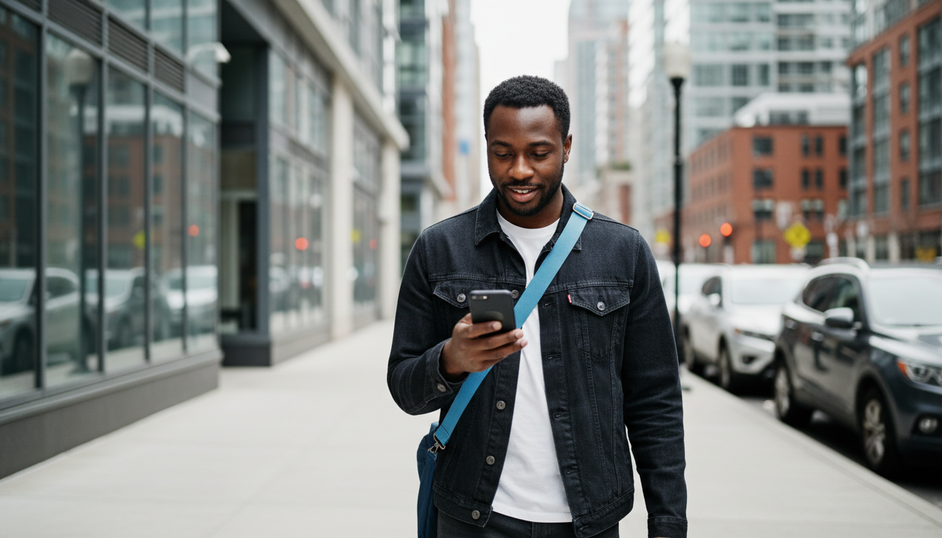 Renter walking Fenway's Boylston Street corridor past new apartment towers while checking listings on his phone