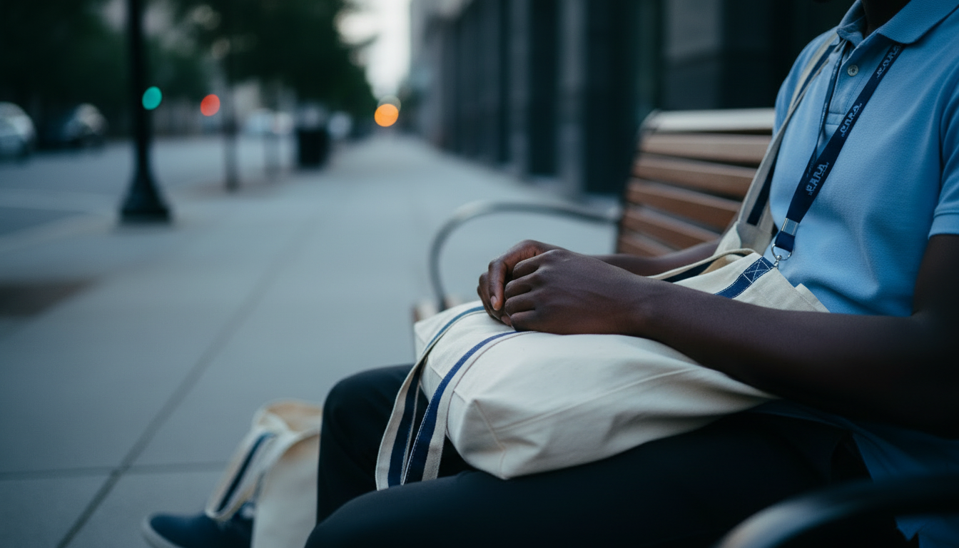 Close-up of a hospital worker's hands resting on a canvas bag strap while waiting on a bench near the Longwood Medical Area at dusk.