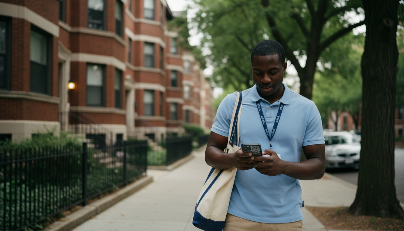 Renter checking a transit map on his phone while walking a tree-lined sidewalk in Brookline's Green Line D corridor