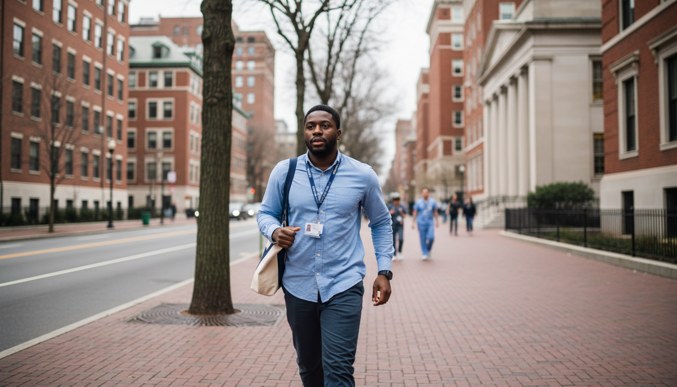 Hospital worker walking to work along Huntington Avenue in Boston's Longwood Medical Area