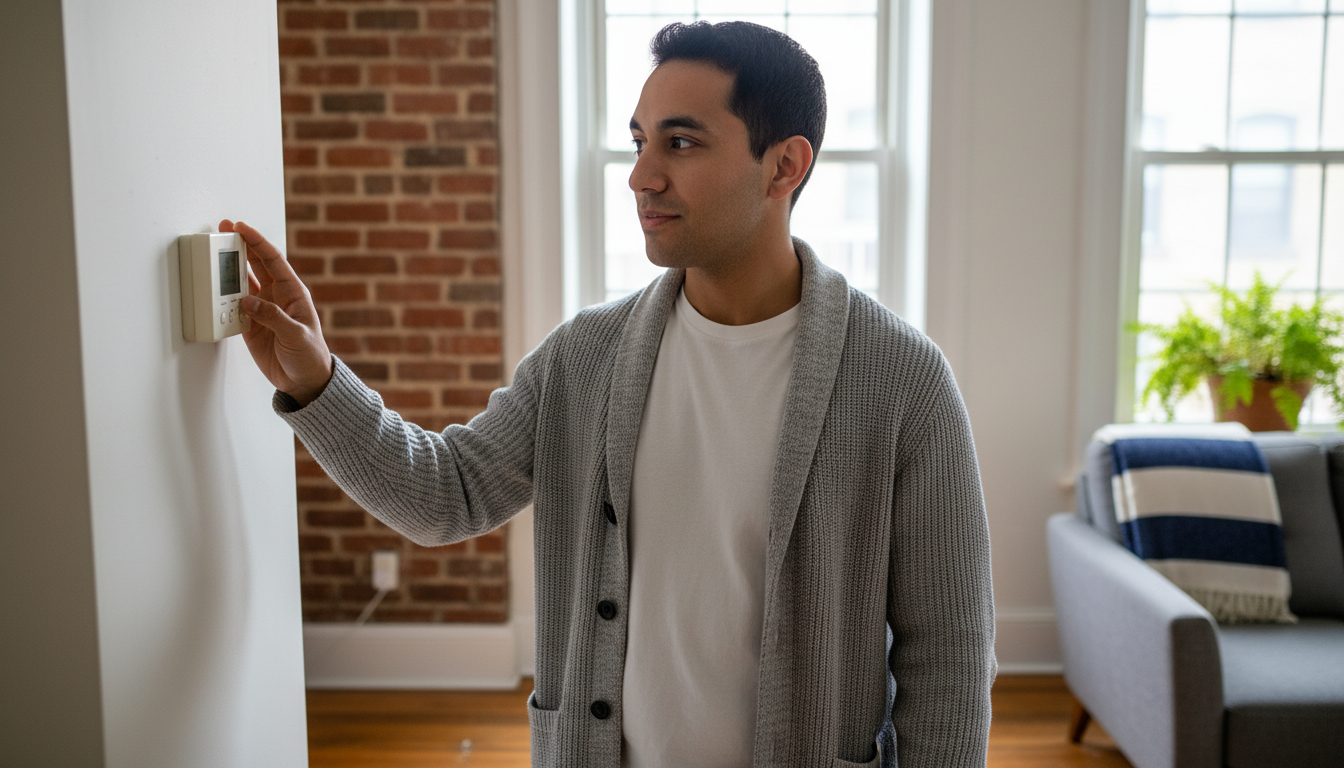 Boston renter adjusting a wall thermostat in a triple-decker apartment during heating season