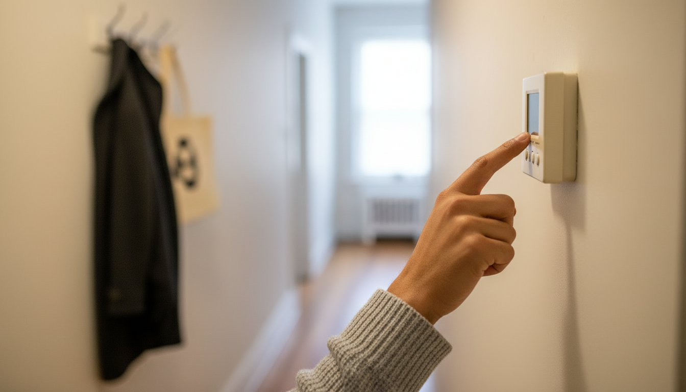 Close-up of a renter's hand adjusting a wall thermostat in a Boston apartment hallway