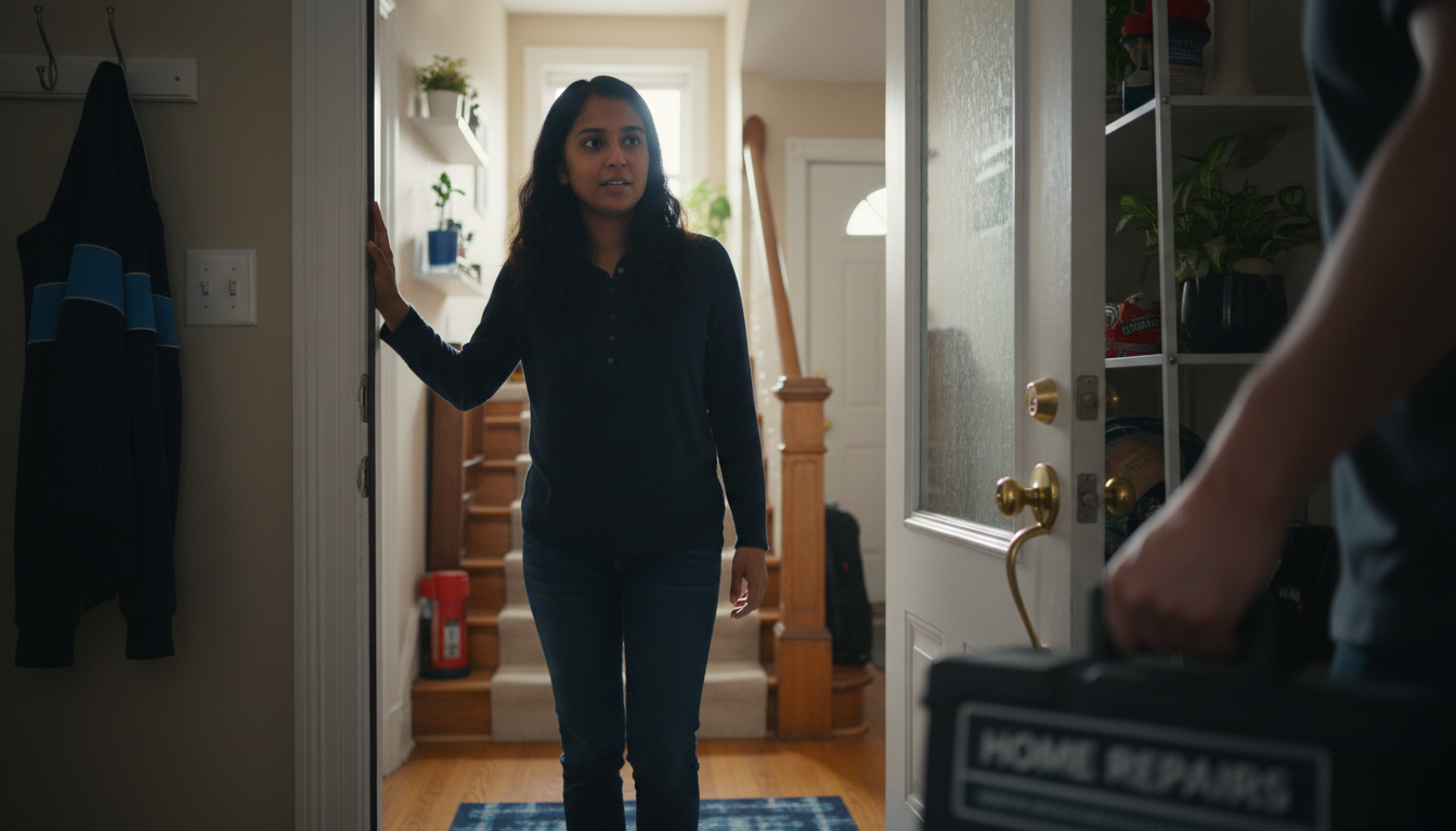 Renter opening her Boston apartment door for a scheduled repair visit