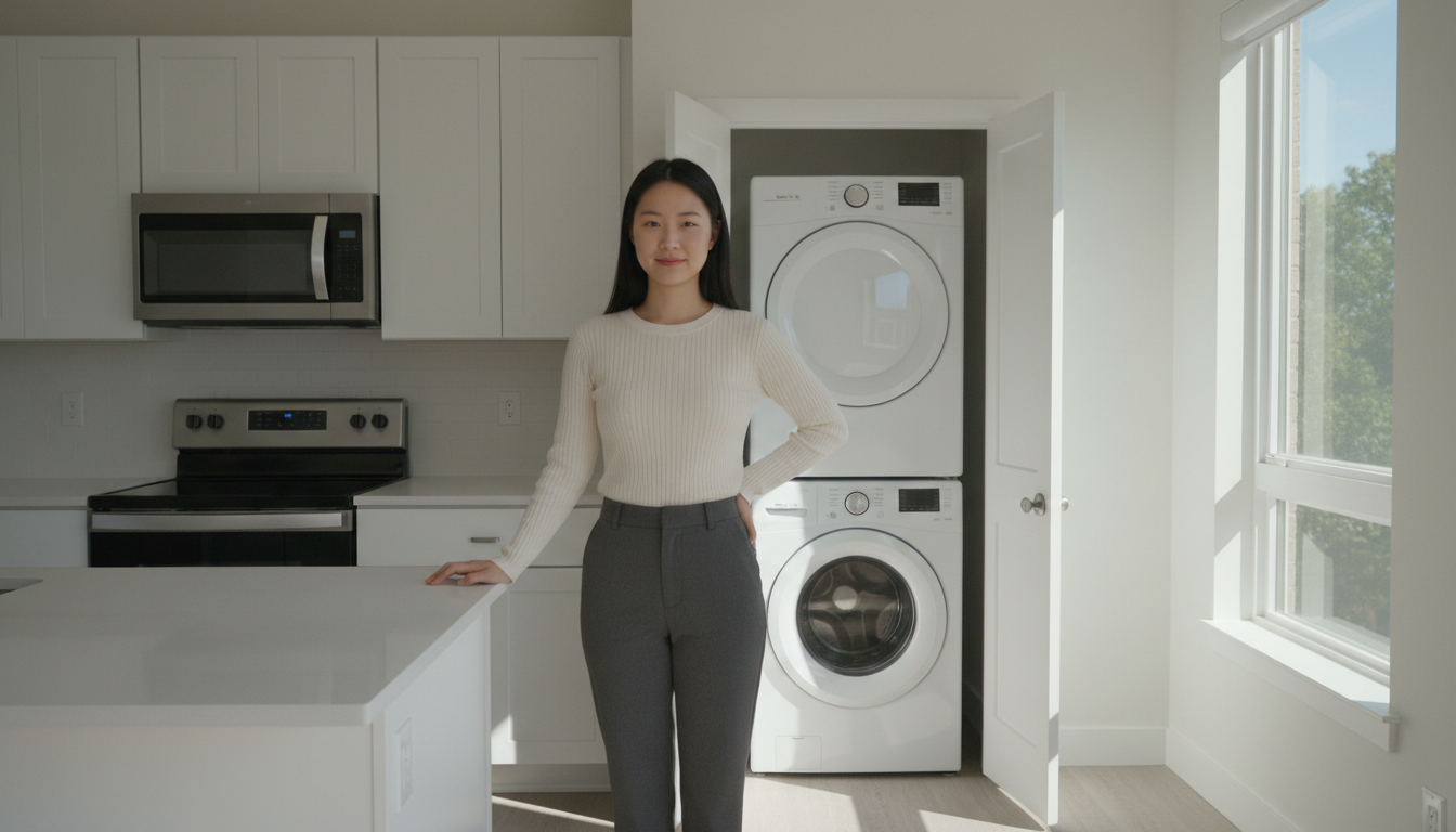 Renter standing in a bright new-construction Boston apartment kitchen with an in-unit washer and dryer behind her