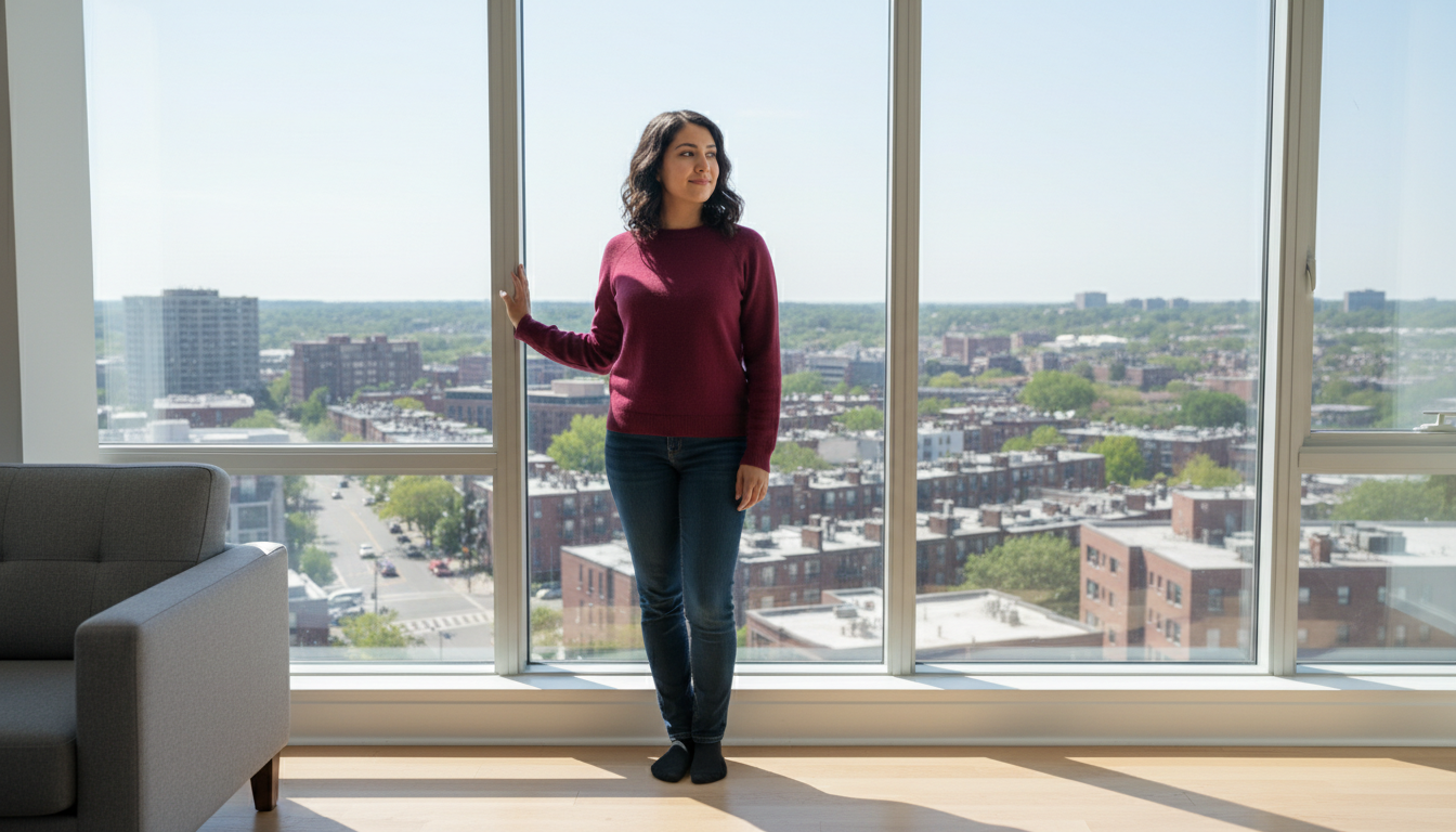 Renter looking out from a sunlit high-floor apartment window at Fenway rooftops and trees in full leaf in Boston